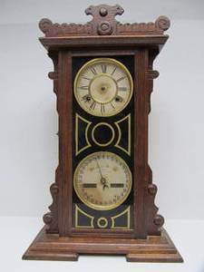 lot 16 image: Great Looking Antique WATERBURY Double Dial Calendar Clock