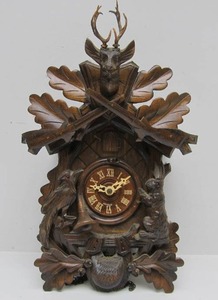 lot 19 image: Very nice Vintage Black Forest Hunting Lodge Theme Cuckoo Clock wStag Rabbit Bird & Guns #1