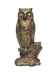 lot 86 image: Original Antique Cast Iron Wide Owl Coin Bank