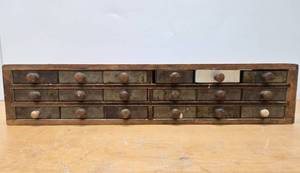 lot 101 image: Old Vintage 1930s era Homemade 18-Drawer PartsHardware Cabinet