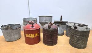 lot 104 image: Large Lot of Galvanized Metal Gas Cans Buckets etc