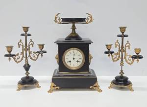 lot 162 image: Ornate Antique French Japy Freres Mantel Clock Garniture Set wCandelabras