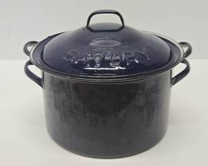 lot 212 image: Vintage 1940s era Blue Enamelware SAVORY 3-Piece Cooking Pot