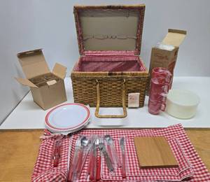 lot 235 image: New with Tags Large Woven Splint Picnic Basket wSupplies