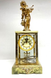 lot 22 image: Antique Green Marble Waterbury GERS Mantle Clock wLarge Finial
