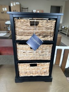 lot 28 image: Safavieh Halle 3 Wicker Basket Storage Side Table - MSRP $249