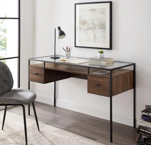 lot 133 image: Walker Edison 56 in. 2 Drawer Glass Top Desk - MSRP $620