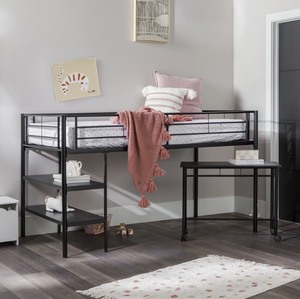lot 135 image: Walker Edison Twin Loft Twin Bed with Desk & Shelves - Black - MSRP $436