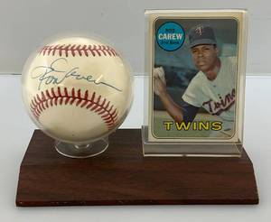 ROD  CAREW Autographed Baseball With 1969 Topps Baseball Card On Stand