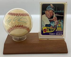 lot 2 image: TONY OLIVA Autographed Baseball With 1965 Topps Baseball Card On Stand