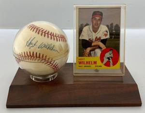 lot 72 image: Hoyt Wilhelm Autographed Baseball With 1963 Topps Baseball Card On Stand