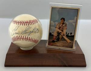 lot 73 image: Enos Slaughter Autographed Baseball With 1953 Bowman Baseball Card On Stand