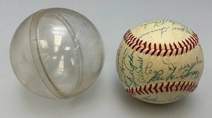 lot 79 image: 1954 New York Giants Autographed  Baseball Signed By 26 Payers In Protective Case