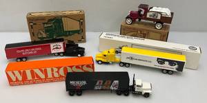 lot 107 image: Misc. Ertl Miniature Die-Cast Semi Trucks, Auto Banks And More (Most With Advertising) NIB