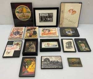 lot 130 image: Misc. Framed Behind Glass Vintage Collectibles Including Postcards And More