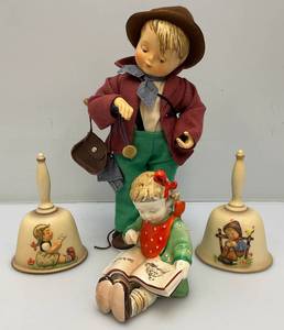 lot 139 image: Vintage GOEBEL Hummel Little Fiddler Porcelain Boy 13.5 Doll , M.J.. Hummel Bells And Little Girl Reading Pottery Figurine 6