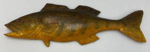 lot 158 image: Vintage Wood Hand Carved Walleye Folk Art Wall Hanging 24