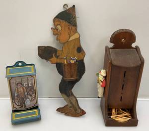 lot 165 image: Vintage Wooden And Metal Wall Hanging Match Holders Including Folk Art And More