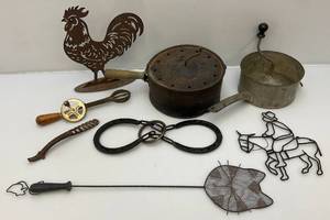 lot 170 image: Misc Vintage Collectible Metal Items Including Popcorn Cooker, Horseshoe Puzzle And More