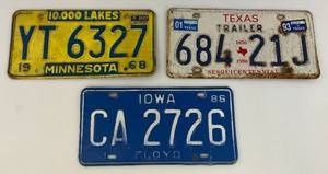 lot 174 image: Vintage License Plates Including 1968 Minnesota License Plate With Original Tab From 1969 & Iowa And Texas