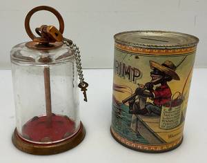 lot 179 image: Vintage Collectible Banks Including Little Eli Pickled Shrimp Advertisement Bank & Glass And Copper Bank With original Lock And Key 6