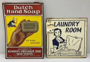 lot 187 image: Metal Advertisement Signs Including Laundry Room 12 x 12 And Dutch Hand Soap 11 x 17