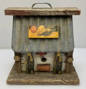 lot 190 image: Vintage Coca Cola Adorned Folk Art Bird House 12 x 12 x 7