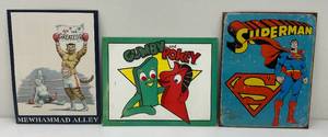 lot 200 image: Misc. 1990s Collectible Tin Signs Including Gumby, Superman And More Most 12.5 x 16