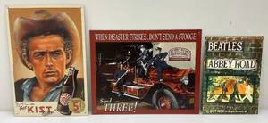 lot 201 image: Misc. 1990s Collectible Signs Including BEATLES 8.25 x 11.5, Kist Kola 10.75 x 16 And The Three Stoogies 12.5 x 16