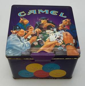 lot 221 image: Vintage Collectible Joe Camel Poker Chip And Playing Card Set In Original Tin