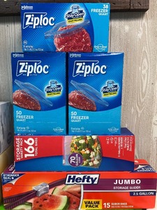 lot 110 image: Household Storage and Paper Goods Collection with Ziploc Bags, Bounty Towels, Kleenex and Hefty Sliders