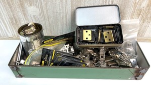lot 117 image: Assorted Cabinet Hinges and Hardware Lot in Metal Tray