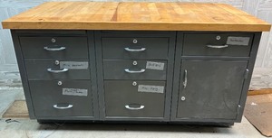 lot 122 image: Heavy Duty Metal Workbench with Wood Top and Storage Drawers