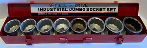 lot 155 image: 9-Piece Industrial Jumbo 12-Point Socket Set with Metal Case