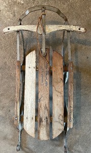 lot 168 image: Vintage Wooden Sled with Metal Runners and Steering Bar