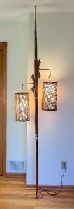 lot 3 image: Mid Century Tension Pole Floor Lamp with Dual Woven Shades