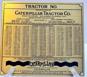 lot 59 image: Vintage Caterpillar Tractor Brass Patent Plate