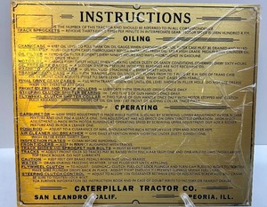 lot 60 image: Vintage Caterpillar Tractor Brass Instruction Plate San Leandro Peoria