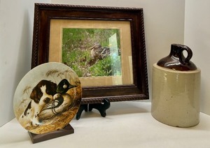 lot 65 image: Framed Duck Photo, Knowles Collector Plate, and Stoneware Jug Collection
