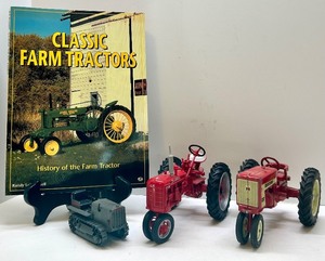 lot 70 image: Classic Farm Tractors Book with 3 Vintage Diecast Tractor Models