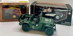 lot 73 image: Set of 3 Die-Cast Model Vehicles - Military Jeep, Melroe Loader, Classic Convertible