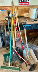 lot 176 image: Collection of Garden and Lawn Tools including Shovels, Rake, Brooms, and Pruner