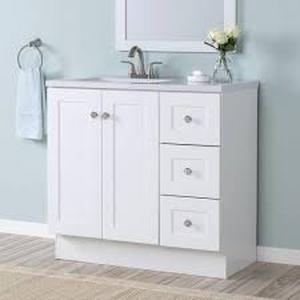 lot 1 image: Glacier Bay Bannister 37 in. Single Sink White Bath Vanity with Granite-Look Colorpoint White Cultured Marble Top (Assembled)  Customer Returns See Pictures