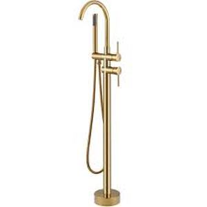 lot 37 image: AKLFGN Single-Handle Freestanding Floor Mount Roman Tub Faucet Bathtub Filler with Hand Shower in. Gold Customer Returns See Pictures