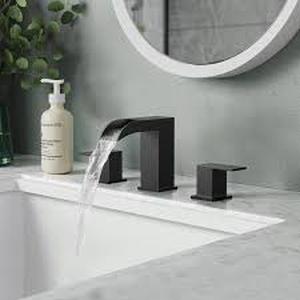 lot 38 image: androme Waterfall 8 in. Widespread Double Handle 3-Hole Bathroom Faucet with Pop-Up Darin, Water Supply Line in Matte Black Customer Returns See Pictures