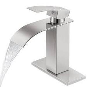 lot 39 image: AKLFGN Waterfall Single Handle Single Hole Low-Arc Bathroom Faucet Bathroom Drip-Free Vanity Sink Faucet in Brushed Nickel  Customer Returns See Pictures