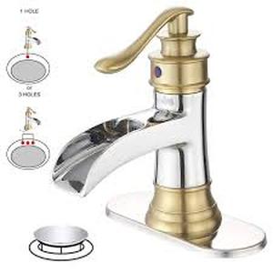 lot 42 image: BWE Waterfall Single Handle Single Hole Low-Arc Bathroom Faucet Bathroom Drip-Free Vanity Sink Faucet in Chrome and Gold   Customer Returns See Pictures
