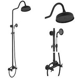 lot 43 image: BWE Double-Handle 2-Spray 8in Rainfall Shower Head Wall Bar Shower Kit with Hand Shower Mixer Shower System Taps, Black   Customer Returns See Pictures