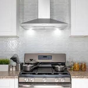 lot 55 image: Golden Vantage 30 in. 217 CFM Convertible Kitchen Wall Mount Range Hood in Stainless Steel with Push Control, LEDs and Carbon Filters  Customer Returns See Pictures