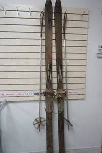 lot 21 image: vintage wood snow skis with pole